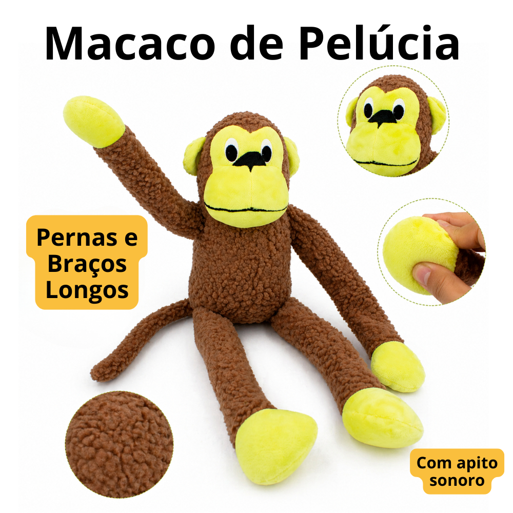 Brinquedo Cachorro Pet Mordedor Macaco Macaquinho Kong de Pelucia com Apitos e Olhos Bordados
