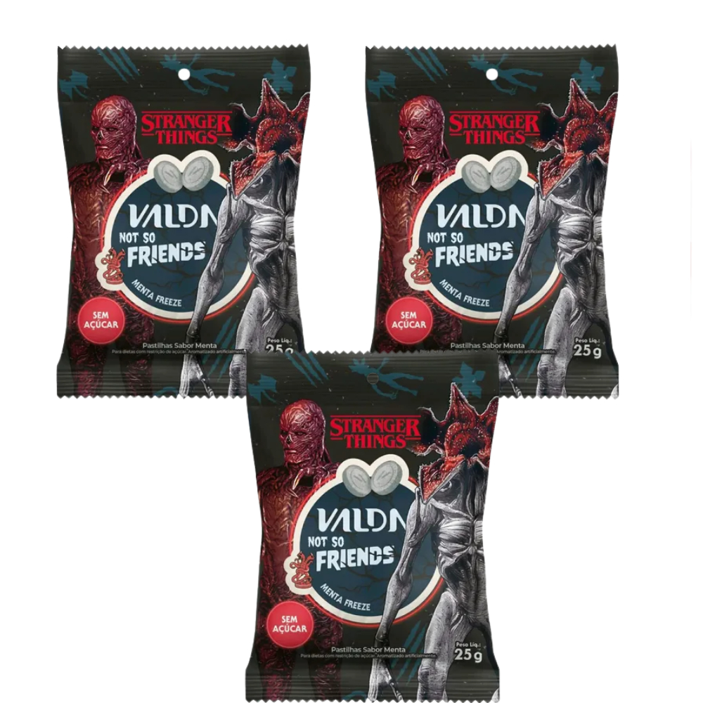 Kit C/3 Pastilhas Valda Stranger Things Friends Sachê Sabor Menta Freeze 25g