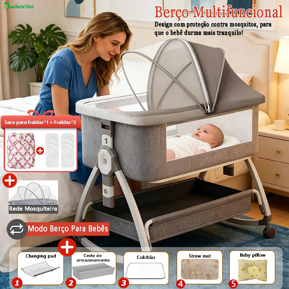 Berço Moises Portátil Co-bed Com Balanço Mosquiteiro E Cesto Regulagem De Altura Cinza