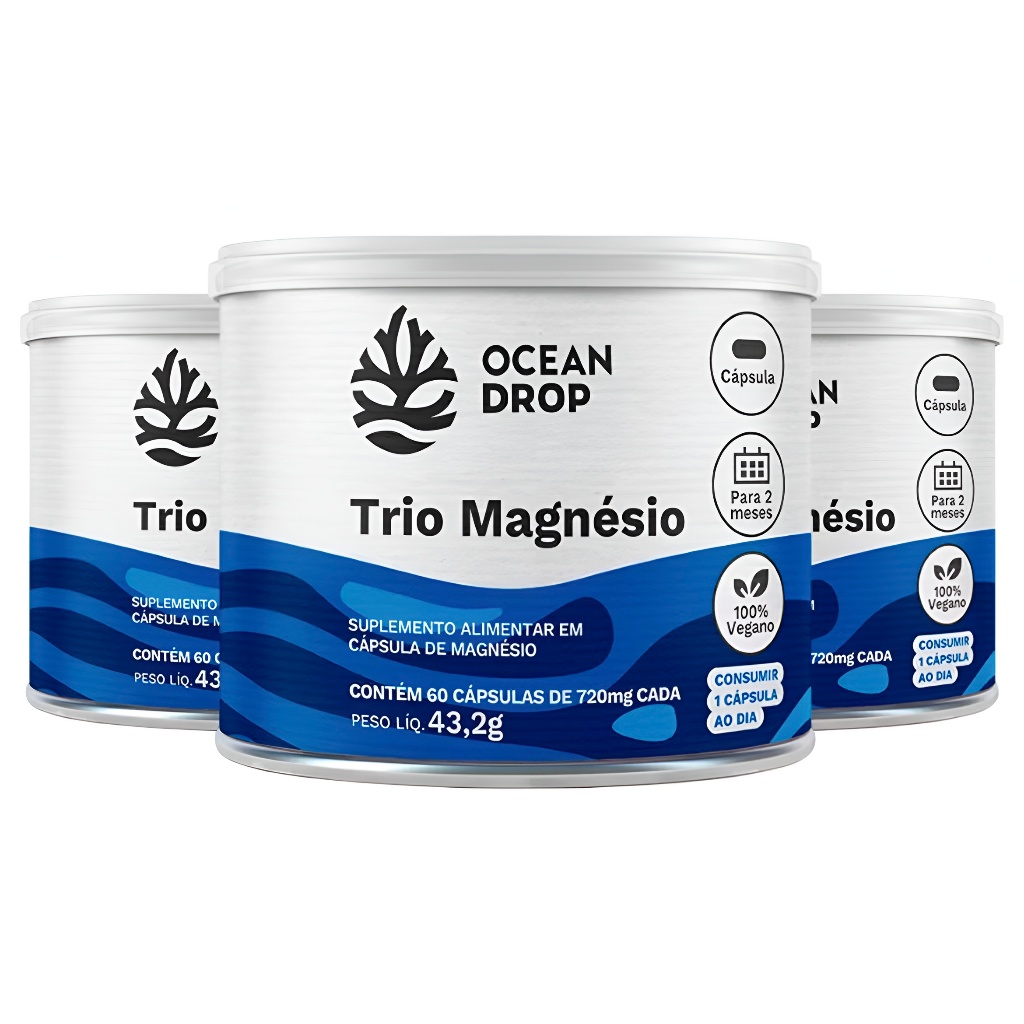 3x Trio Magnésio (Óxido, Bisglicinato e Malato) 60 Cápsulas Veganas - Ocean Drop