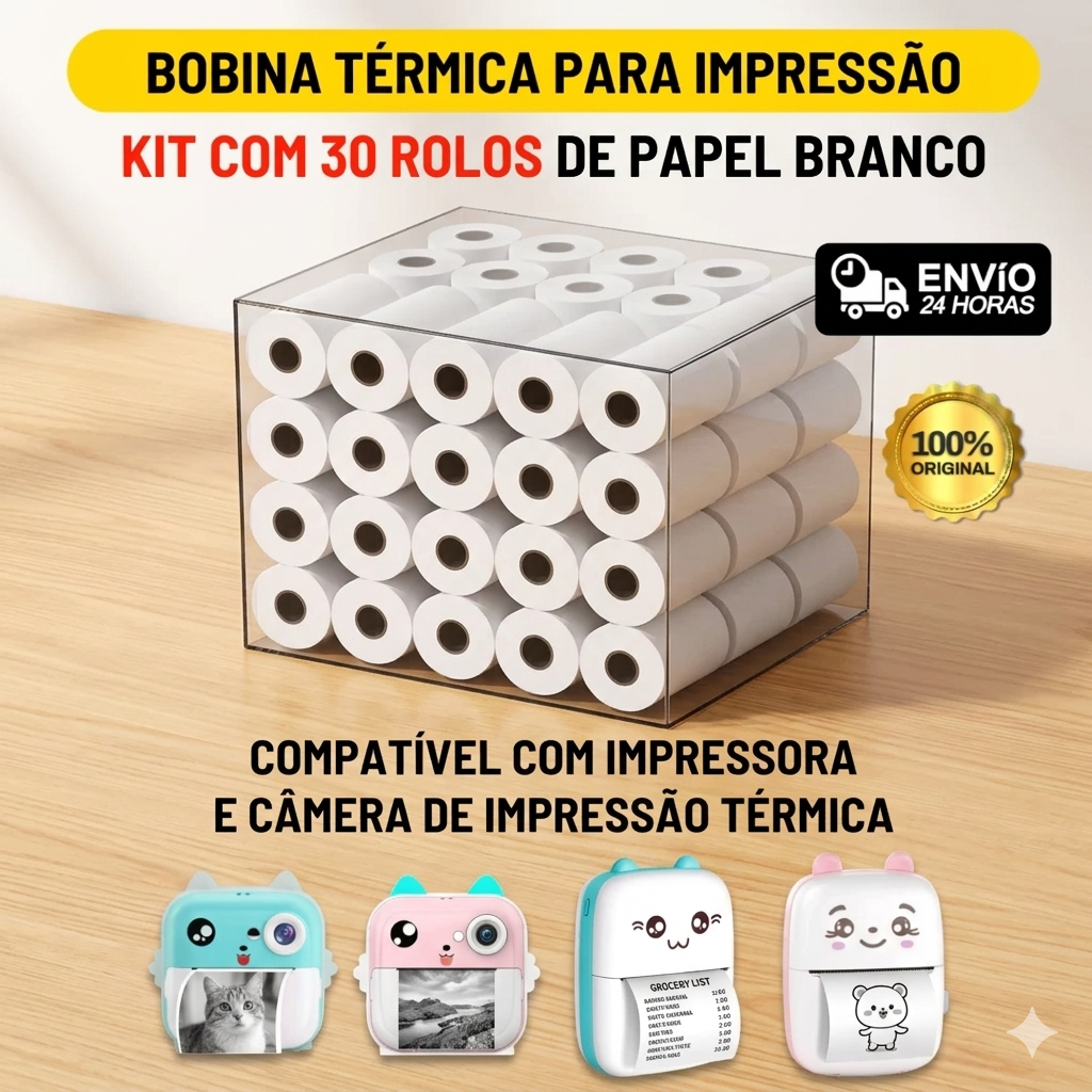 Bobina Térmica Refil Mini Impressora Portátil Papel Branco 57mm 58mm
