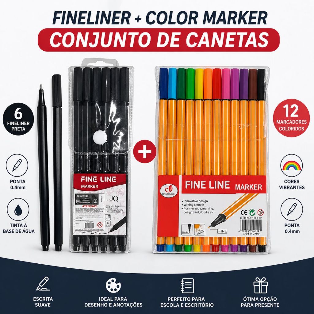 Kit Promoção 48 Canetas Fine Line Coloridas + 6 Pretas Alta Qualidade Ponta Fina 0.4mm