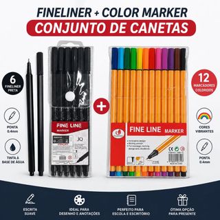 Kit Caneta Fineliner Completo 60 Cores (Coloridas + Pretas) Ponta 0.4mm Para Desenho e An…
