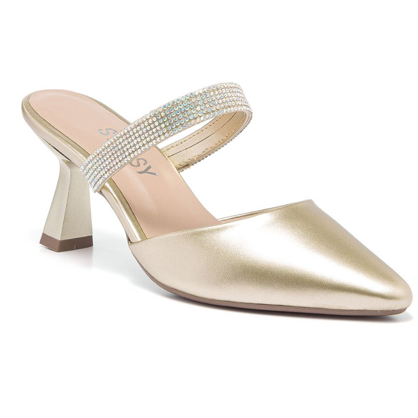 Scarpin Feminino Mule Salto Taça Baixo Bico Fino Com Brilho Strass Confortável Luxo Oferta