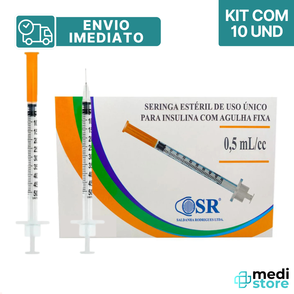 Kit com 10 - Seringa de Insulina 0,5ml 50UI 6x0,25mm Agulha Fixa SR - Envio Imediato