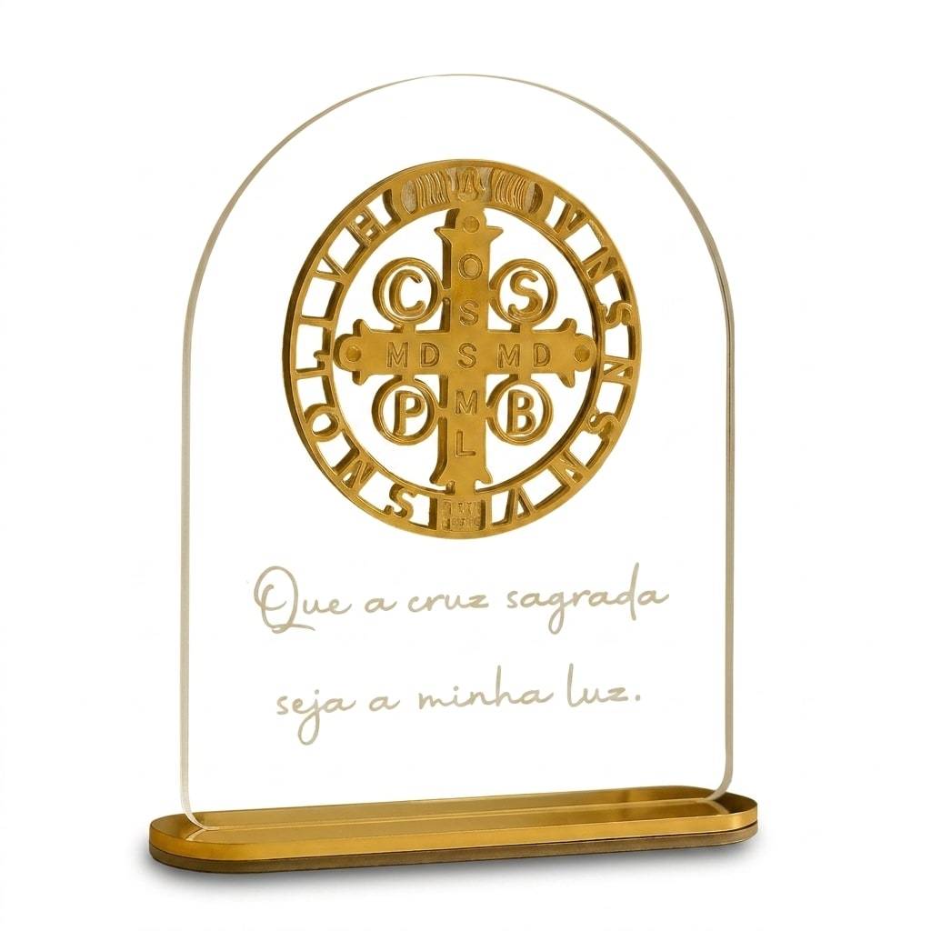 Placa Decorativa Crucifixo Cruz de São Bento em Acrílico Transparente e Dourado
