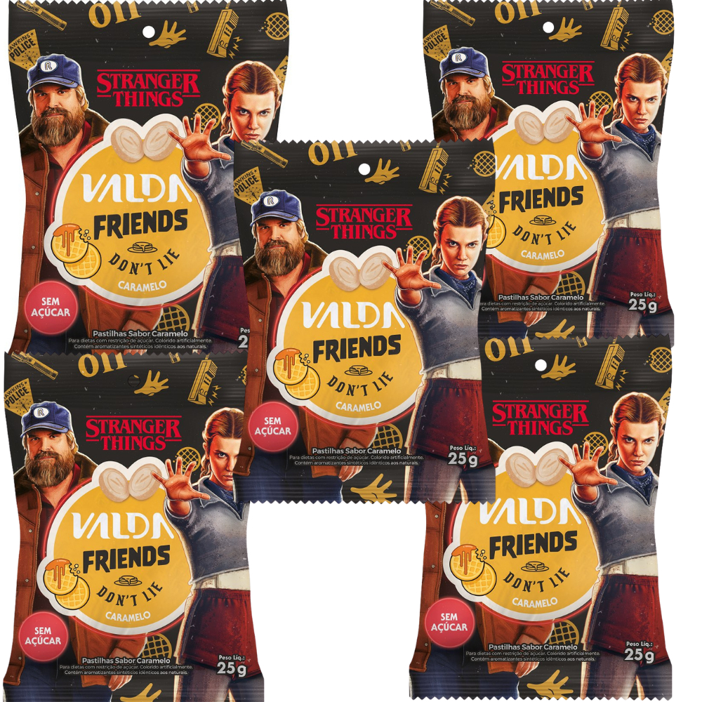 Kit C/5 Pastilhas Valda Stranger Things Friends Sachê Sabor Caramelo 25g