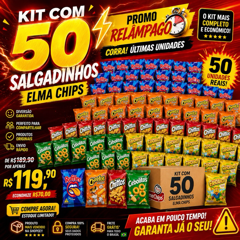 Kit 50 Salgadinhos Elma Chips Atacado Variados - Ruffles, Cheetos, Doritos, Fandangos cebolitos- Ideal para Festas