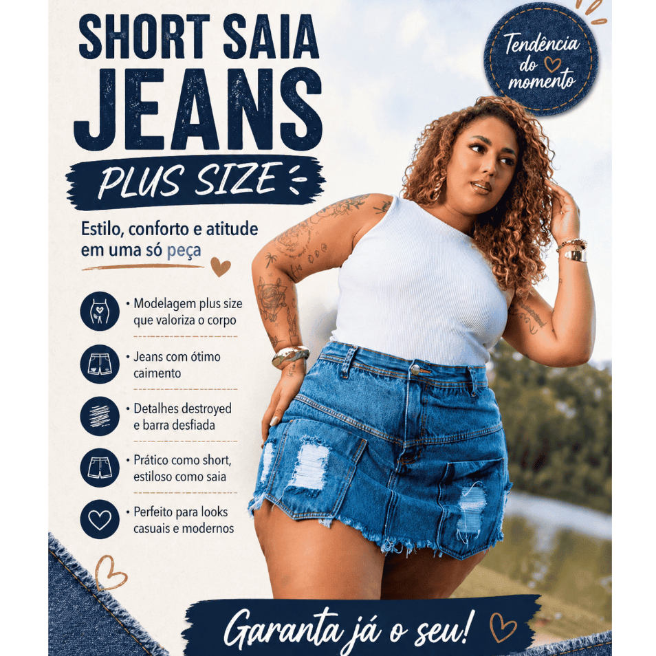 Short Saia Jeans Plus Size Feminino Cintura Alta com Lycra Levanta Bumbum Destroyed Premium