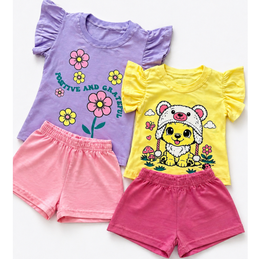 Kit de conjunto infantil de Menina Verão Algodão Manga Bufante Short Moletinho Estampado Sortido