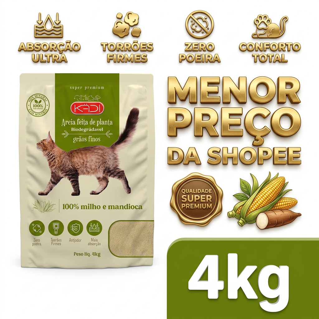 Areia Gato Kadi Milho Mandioca 4kg Biodegradável Grãos Finos Cat Pet