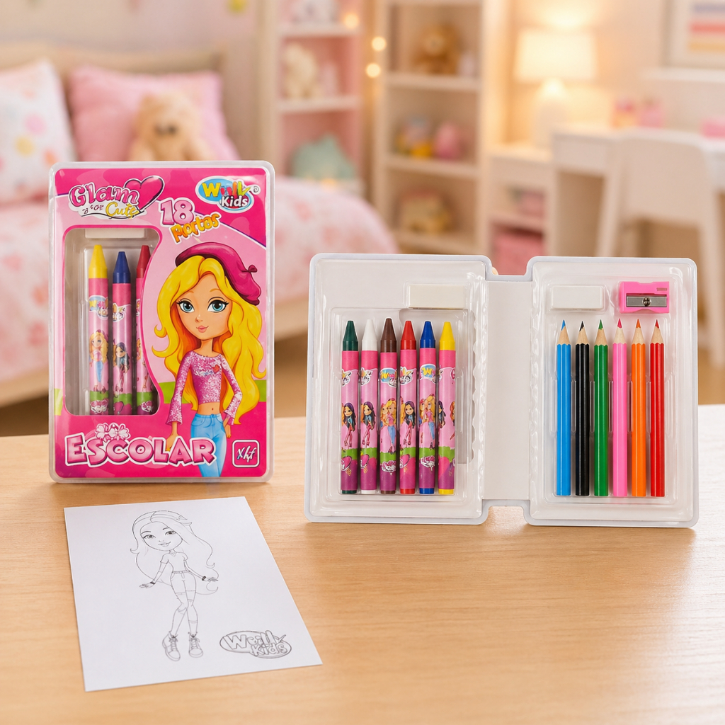 Estojo escolar infantil desenho lápis caneta giz material colorir criança criativo super achadinho