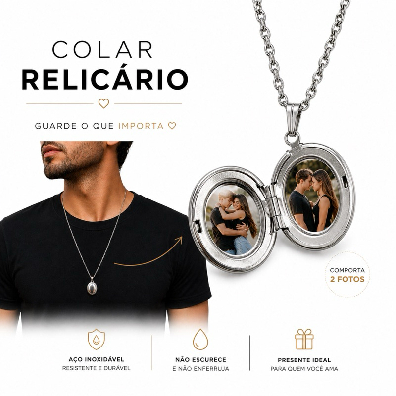 Colar Relicário Corrente Masculino com Foto Presente, Namorado, Casal