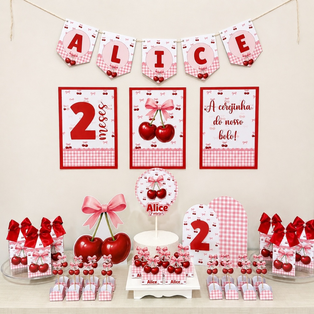 Kit Festa Cerejinha Personalizado/Kit Só um Bolinho/100 itens/Decoração/Aniversário/Mesversário/Festa em Casa/Bolo