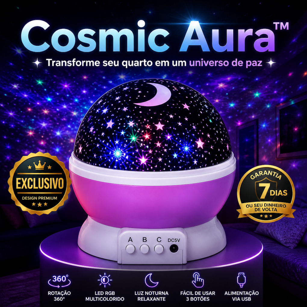 Imagem Luminária Galáxia Projetor de Estrelas LED RGB 360° Cosmic Aura™ Luz Noturna Relaxante Decorativo