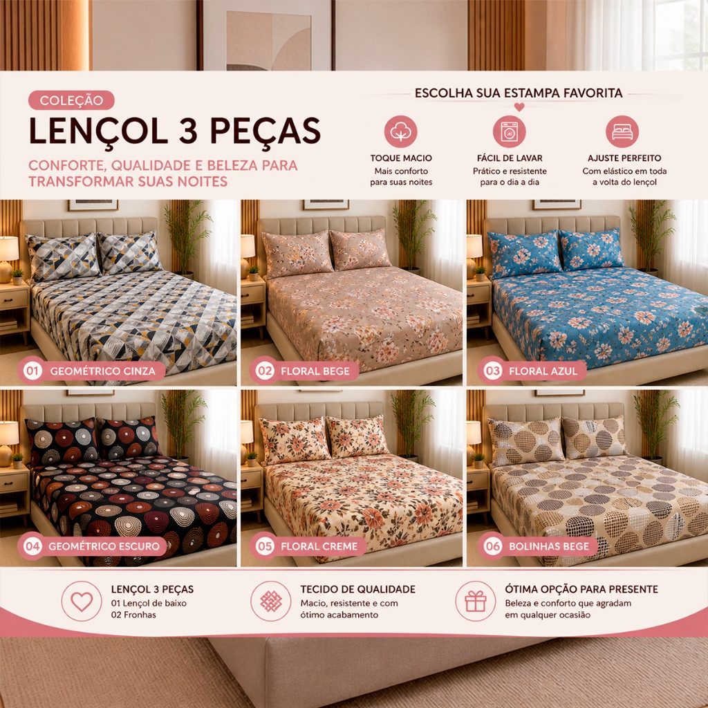 Jogo Lençol 200 Fio Micropercal Estampas Fronha Ponto Palito Lençol c/ elástico Casal Queen Solteiro