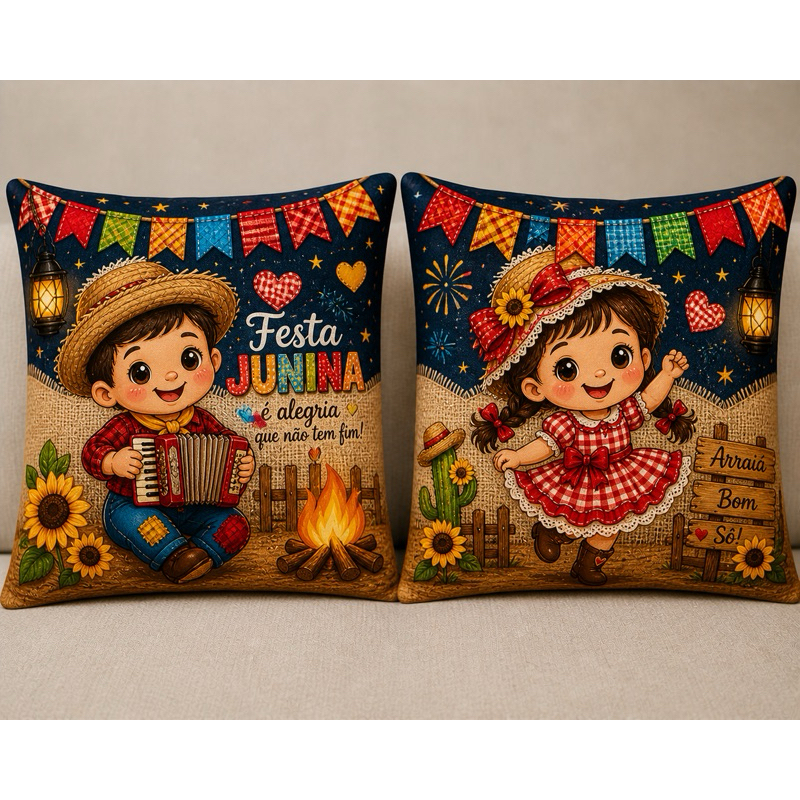 Kit 2 Capas de Almofadas Festa Junina Ursinhos 45x45 Oxford Decoração São João Arraiá