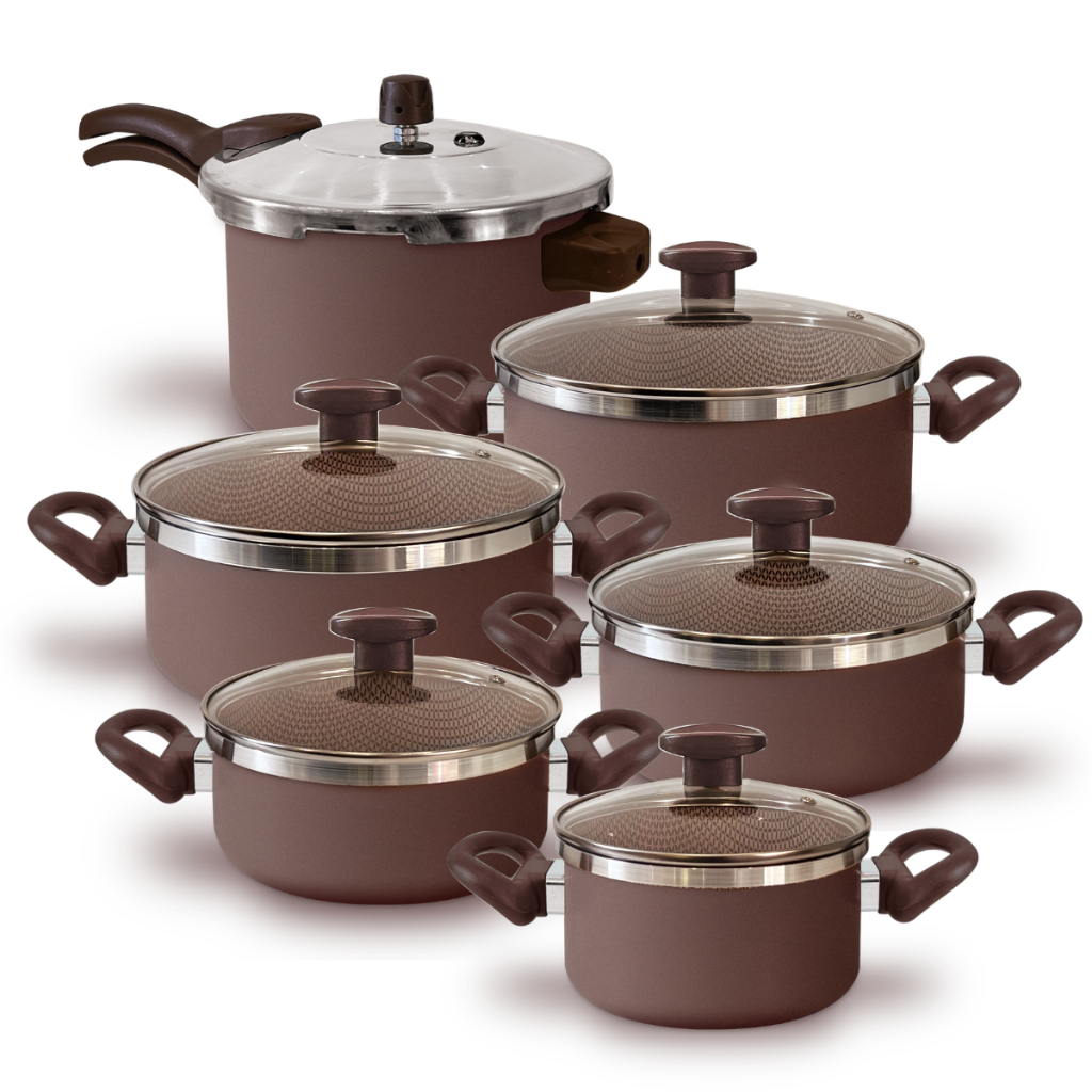 Conjunto Panelas 5 Peças Antiaderente 3mm + Panela de Pressão 4,5L Tampa Vidro Málaga Premium