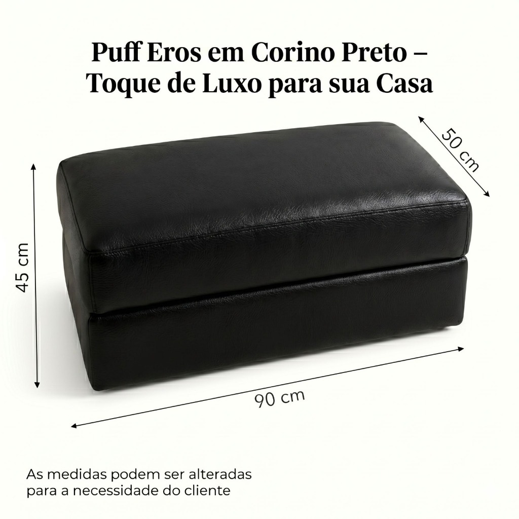 Puff Decorativo Corino Preto 90cm | Banco Estofado Moderno