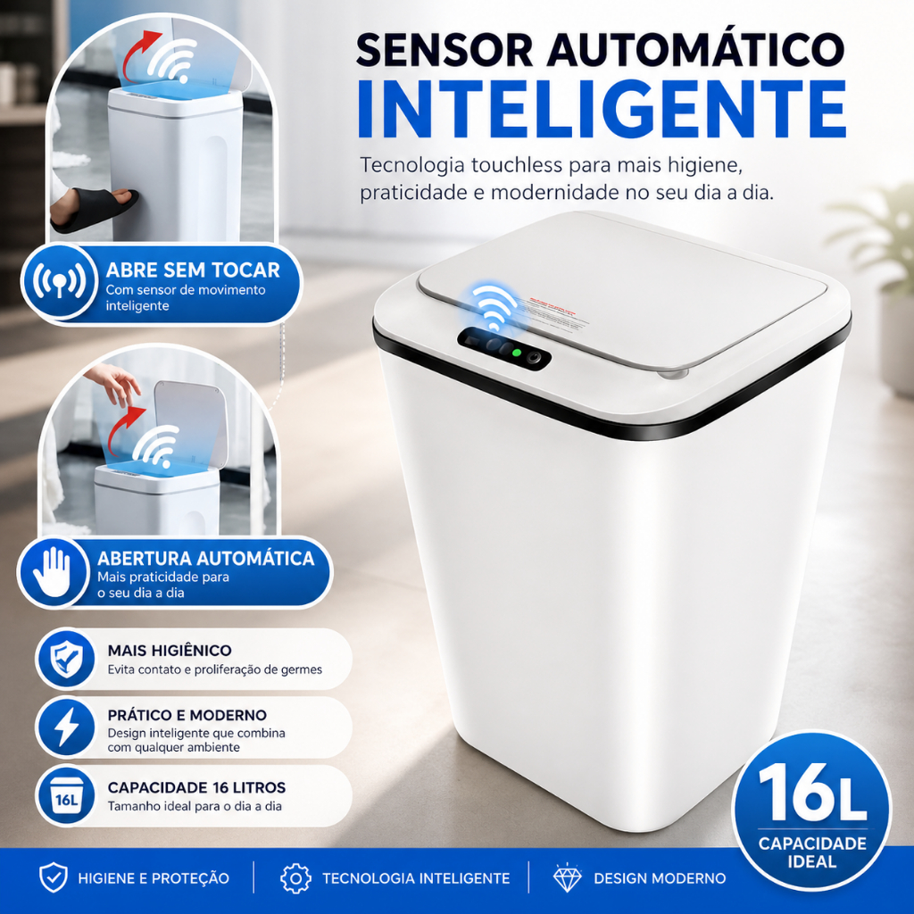 Lixeira Inteligente com Sensor Automático 16L – Abre Sem Toque, Anti-Odor e Silenciosa
