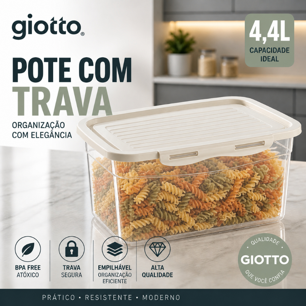 Pote Com Tampa e Trava 4,4L Off White Armazenamento de alimentos cozinha frezeer micro ondas Giotto