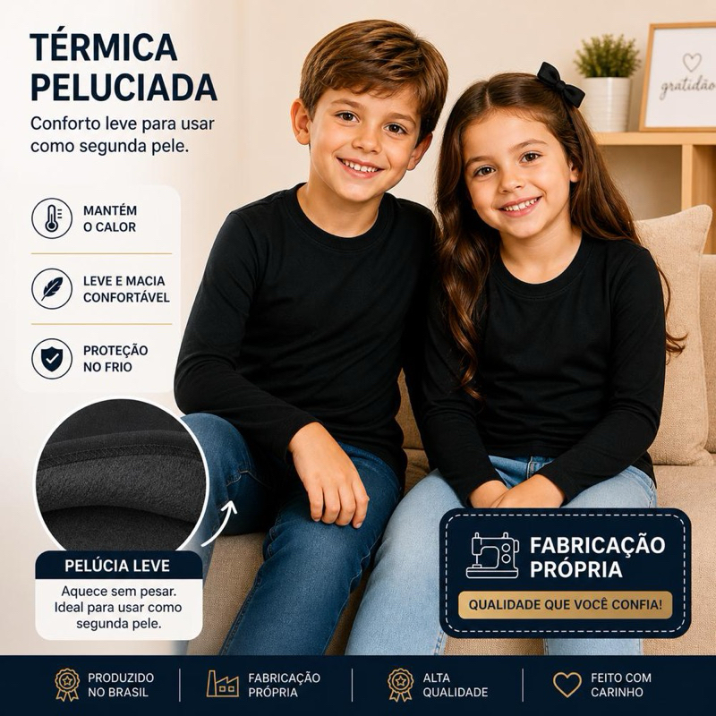Kit 2 Blusas Térmicas Peluciada Infantil Manga Longa Camisa Térmica Unissex Inverno