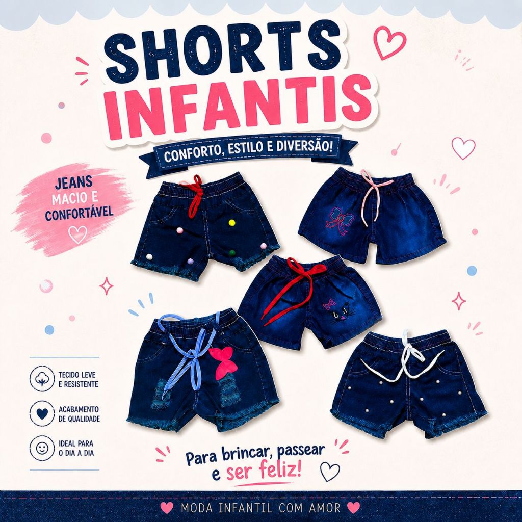 Kit com 2, 3 ou 4 Shorts Jeans Infantil Menina Bebe 100% Algodão Estampa Sortida 1 a 6 Anos