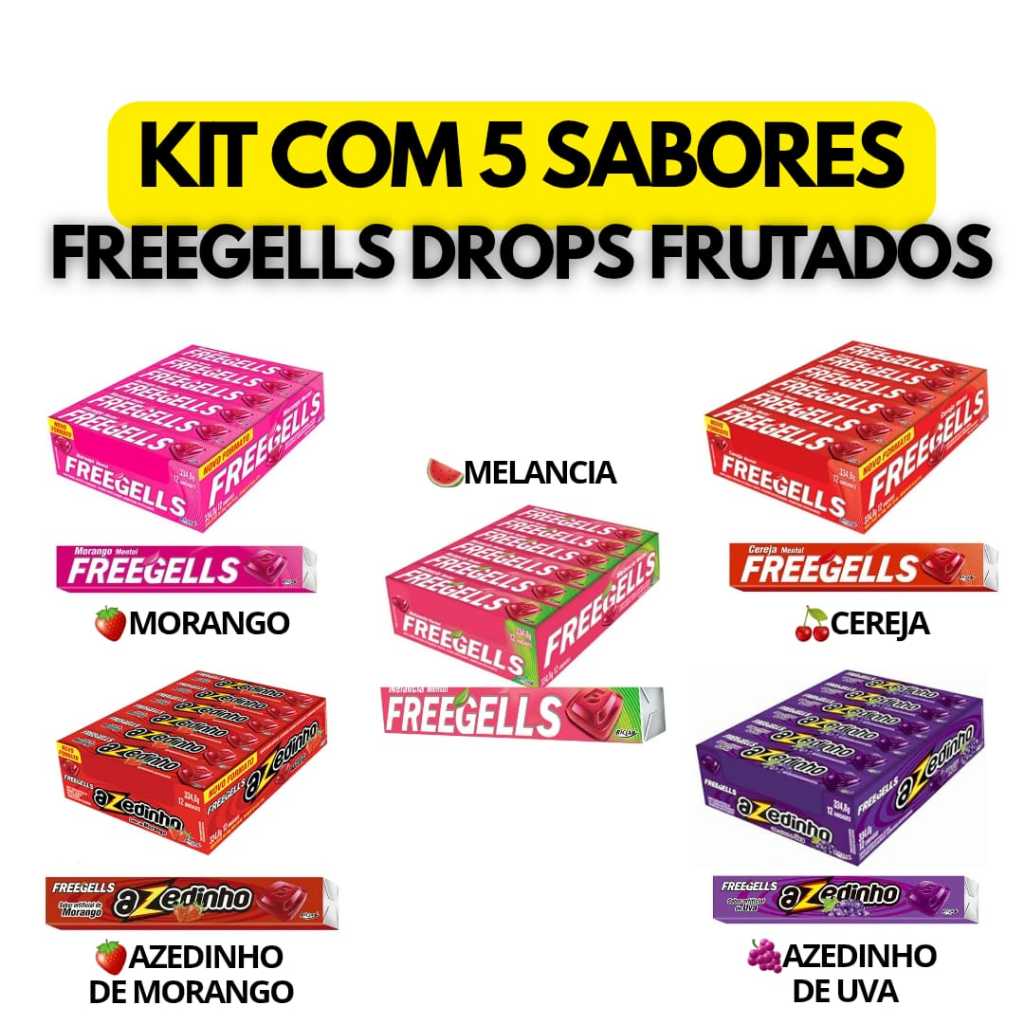 Kit 5 Sabores Drops Freegells Bala/ Frutados/ Morango Uva Cereja Melancia Azedinho/ Sortidos/ Goma de mascar/ Pastilha