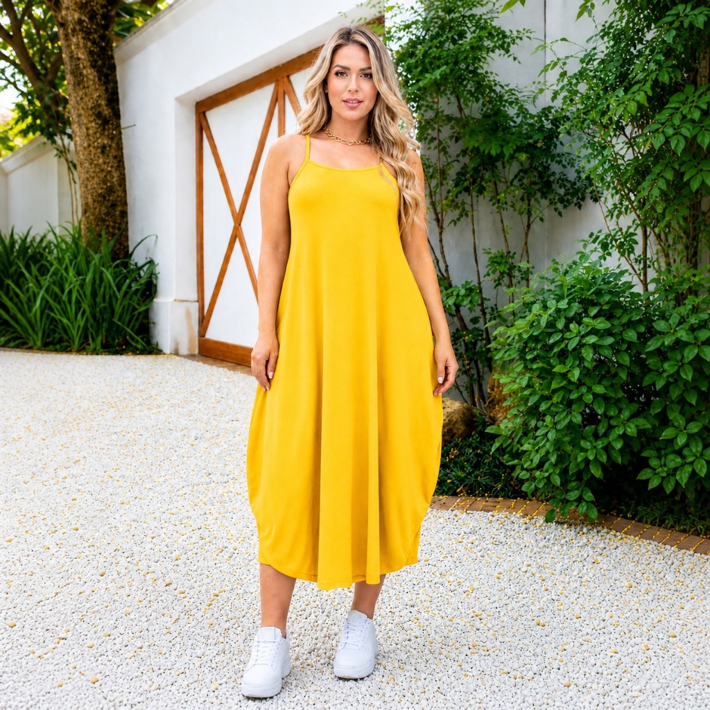 Vestido alcinha fina midi soltinho moda primavera verão feminina