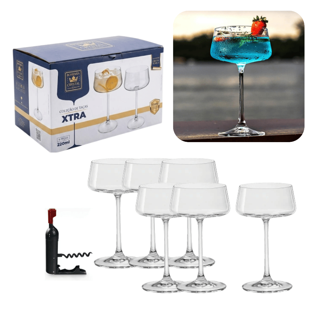 Jg 6 Taças Vinho Champanhe Coquetel Cristal Titânio Xtra 220 a 560ml Bohemia + Saca Rolha Grátis