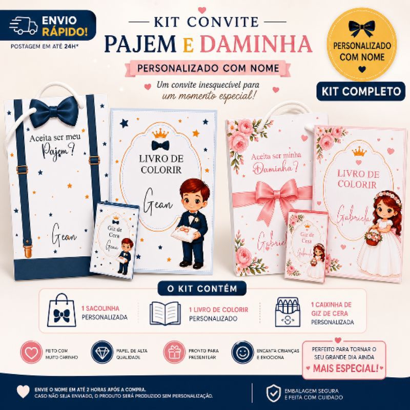 ENVIO RÁPIDO - Kit Convite Pajem e Daminha Personalizado com Nome + Livro de Colorir + Giz de Cera | Presente Casamento