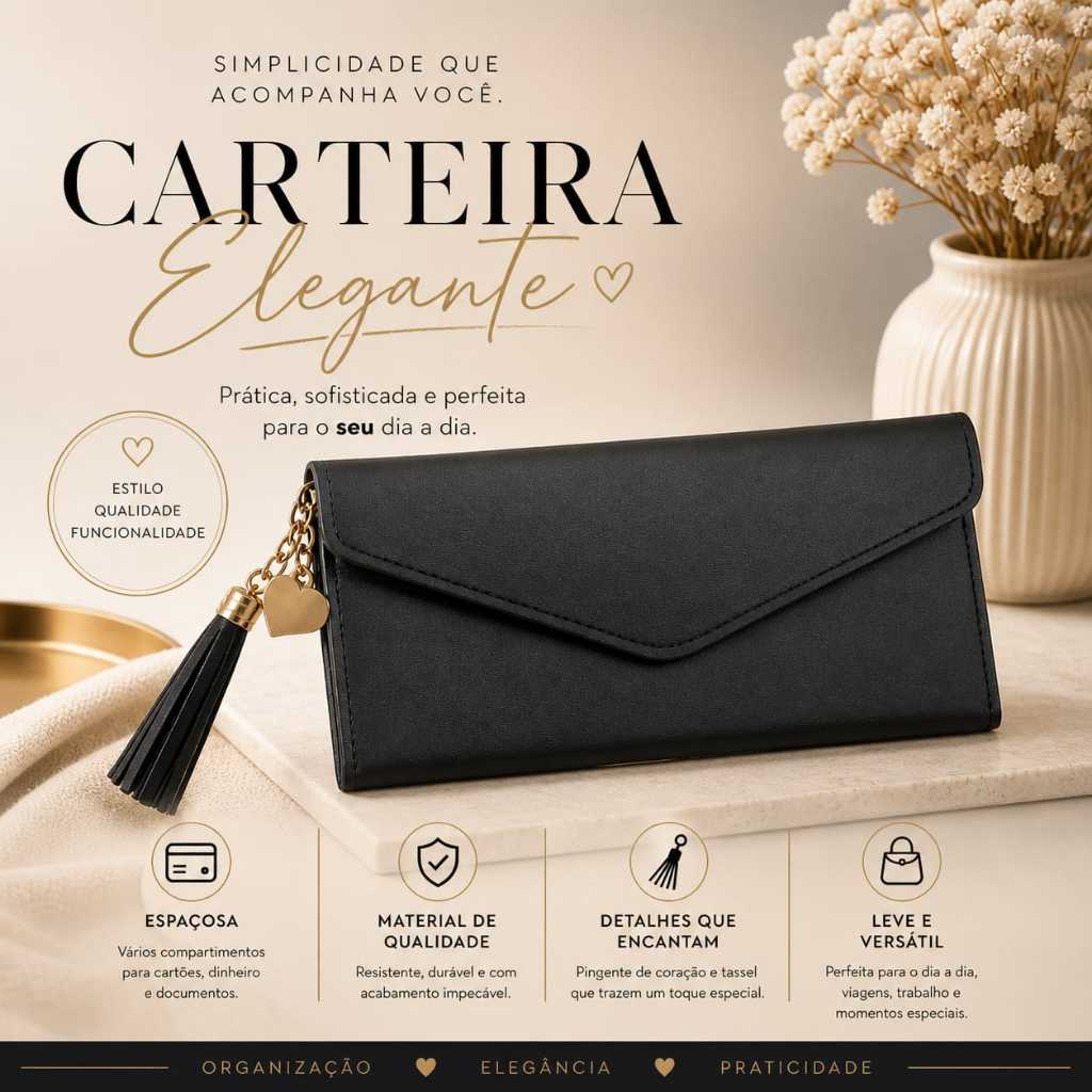 Carteira Feminina Grande com Zíper Porta Cartão Moedas Dinheiro RG CNH | Compacta e Estilosa 6177