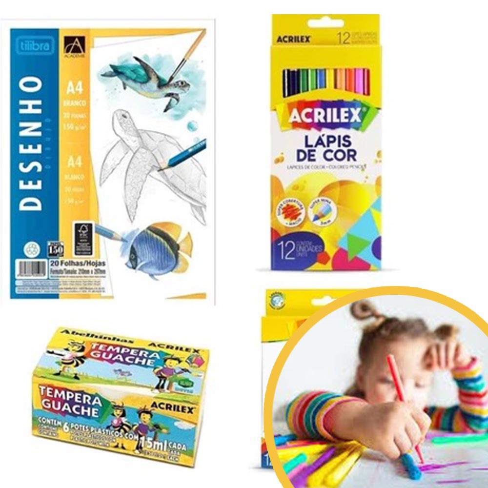 Kit Infantil de Desenhopara criança Lápis de Cor, Canetinha e Tinta Guache Acrilex + Bloco 150g
