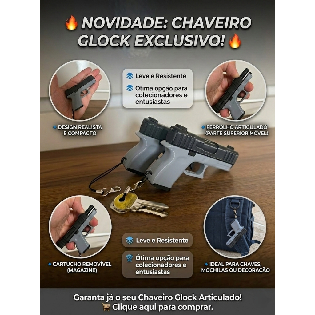 Chaveiro Mini Pistola Estilo Glock Articulado 🔥 Realista Articulado Cartucho Removível | Presente