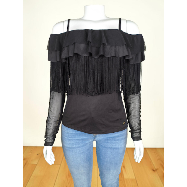 blusa ciganinha alcinha carmen steffens com franjas babado preto manga longa em tule luxo Tam M
