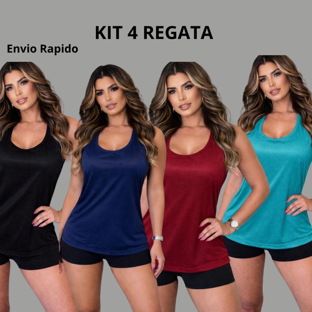 KIT 4 Regata Feminina Dry Academia Fit Costa Nadador Caminhada Corrida Esportiva Camiseta Sem Manga