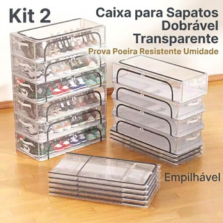 Kit 2 Caixas para Sapatos Transparente com Zíper Empilhável Organizador Multifuncional Ti…