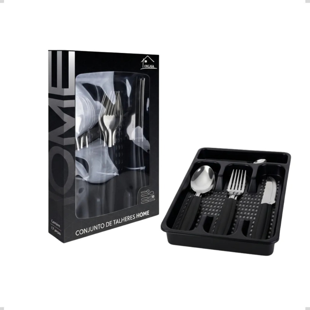 Conjunto Talheres Preto Home Com Suporte 17 e 25 Peças Preto e Vermelho Aço Inox Premium Cozinha Top