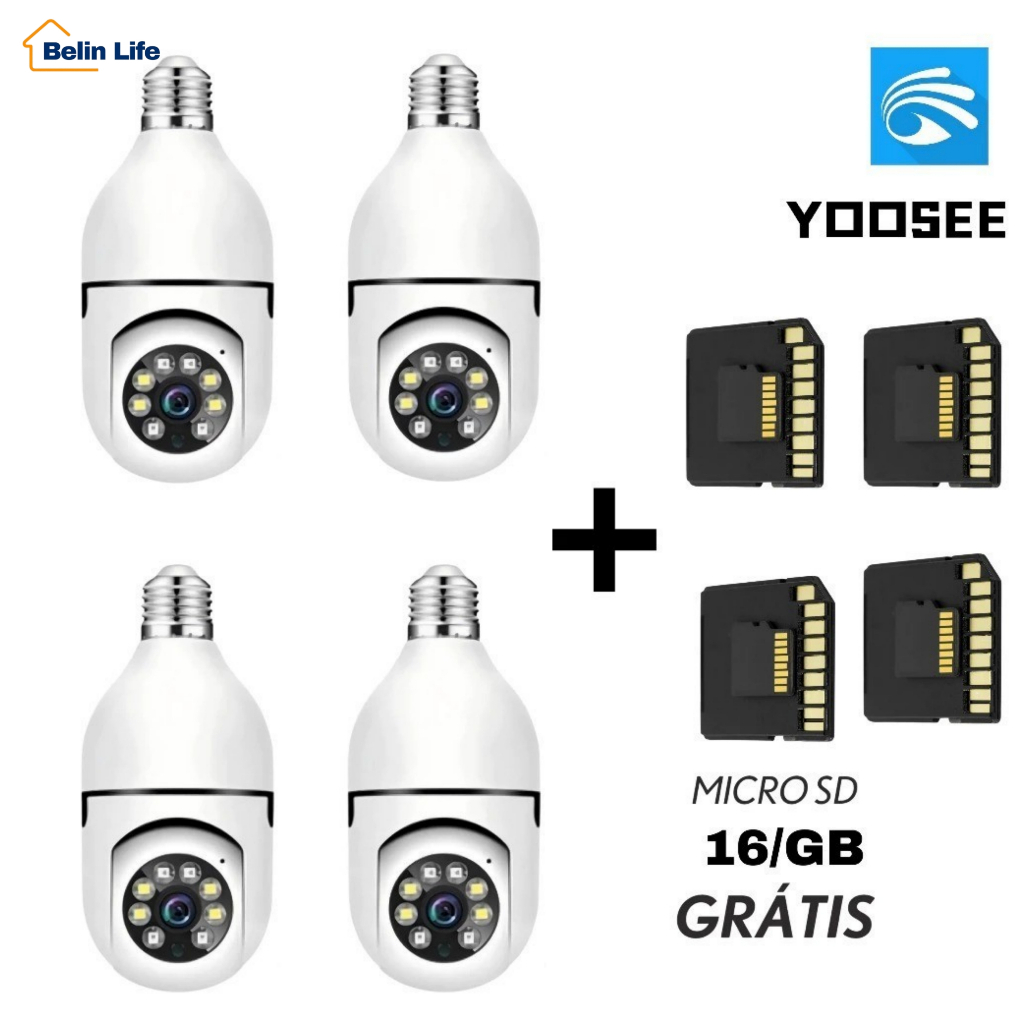 Kit 4 Câmera Lâmpada Wifi Bocal E27 Giratória PTZ Bivolt + 4 Micro SD 16GB