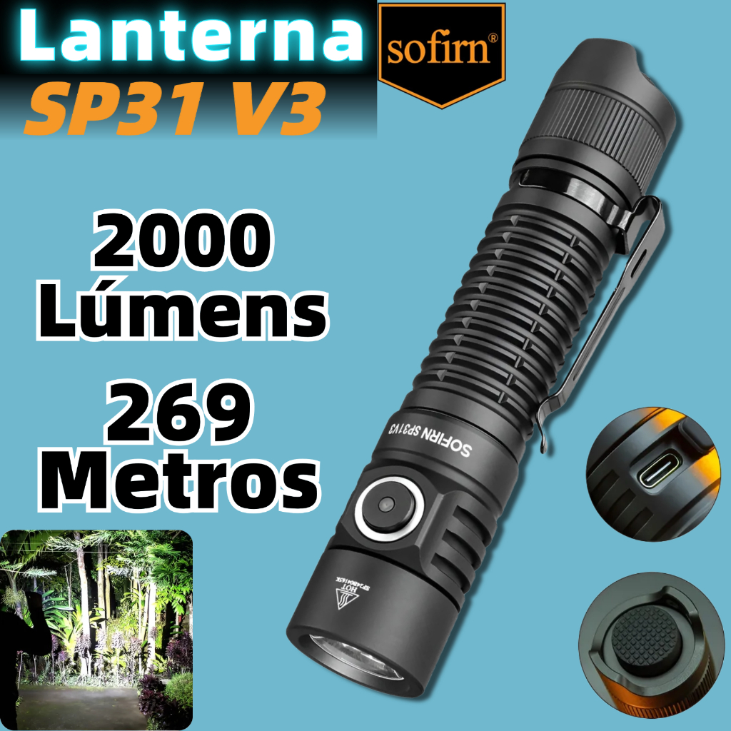 Lanterna Tática LED Sofirn SP31V3 2000lm 269m Recarregável USB-C à Prova d'Água