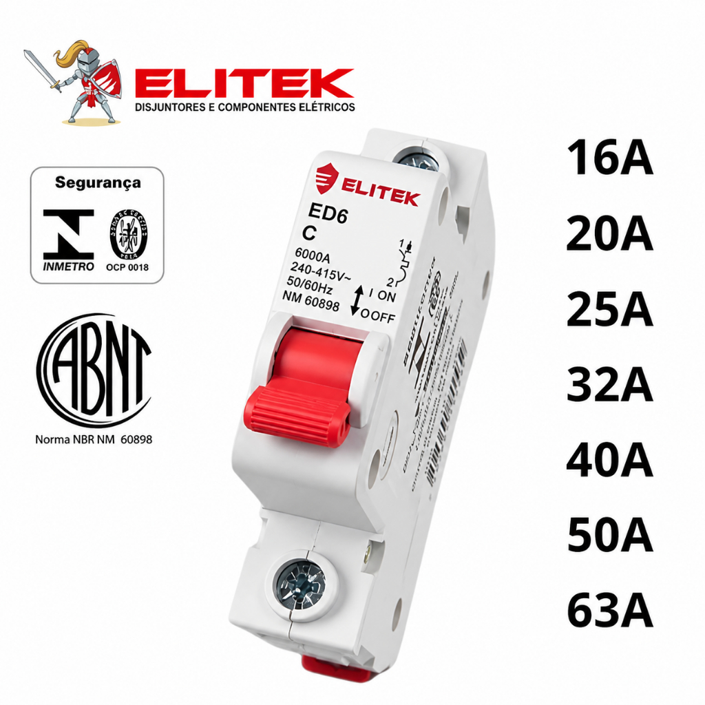 Disjuntor Monopolar Unipolar 1Polo 16A 20A 25A 32A 40A 50A 63A Din CURVA C Elitek