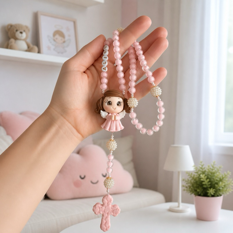 Terço batizado Anjo da Proteção de Deus  | ENVIAR NOME NA HORA DA COMPRA | terço infantil personalizado para menina