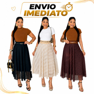 Saia Midi Tule Trabalhada Luxo Com Cinto Exclusivo Elegante Premium Moda Evangélica Feminina