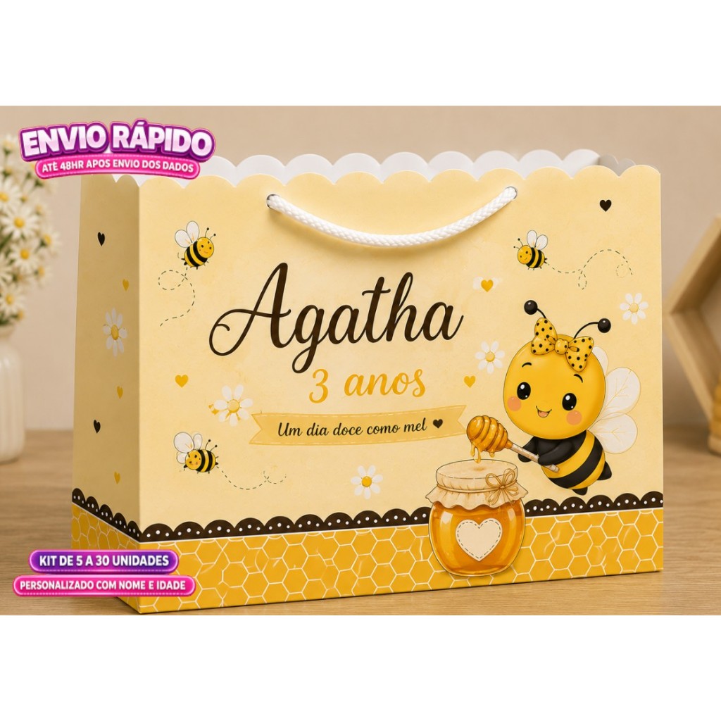 Sacolinha Personalizada Abelhinha Nome e Idade Lembrancinha Festa Infantil I ENVIO RÁPIDO