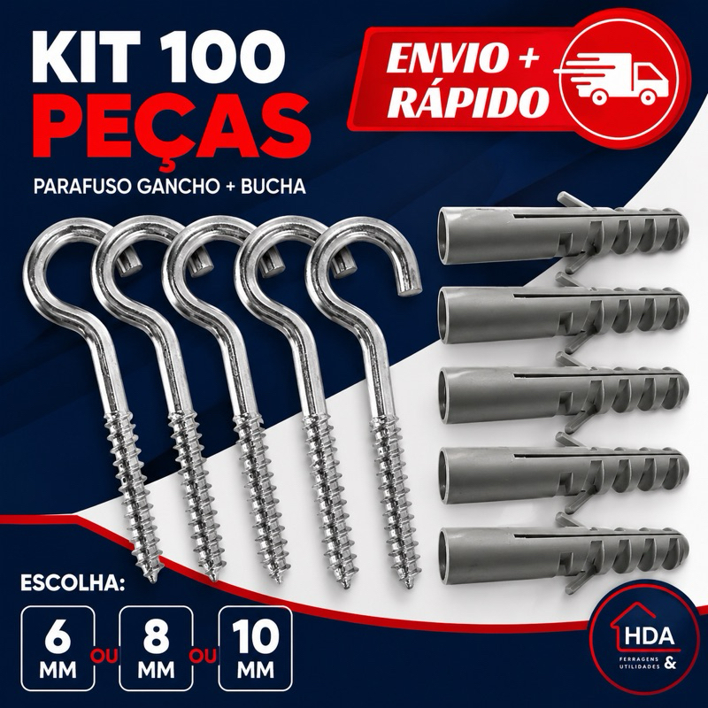Kit Gancho e Bucha para Varal Tela de Proteção de 6, 8 ou 10 mm - 100 ou 50 peças