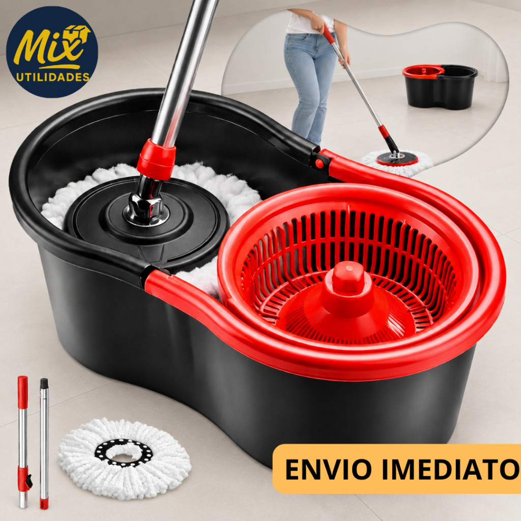 Mop Giratório Plástico 360° com Refil Balde e Cesto Cabo de 140 cm