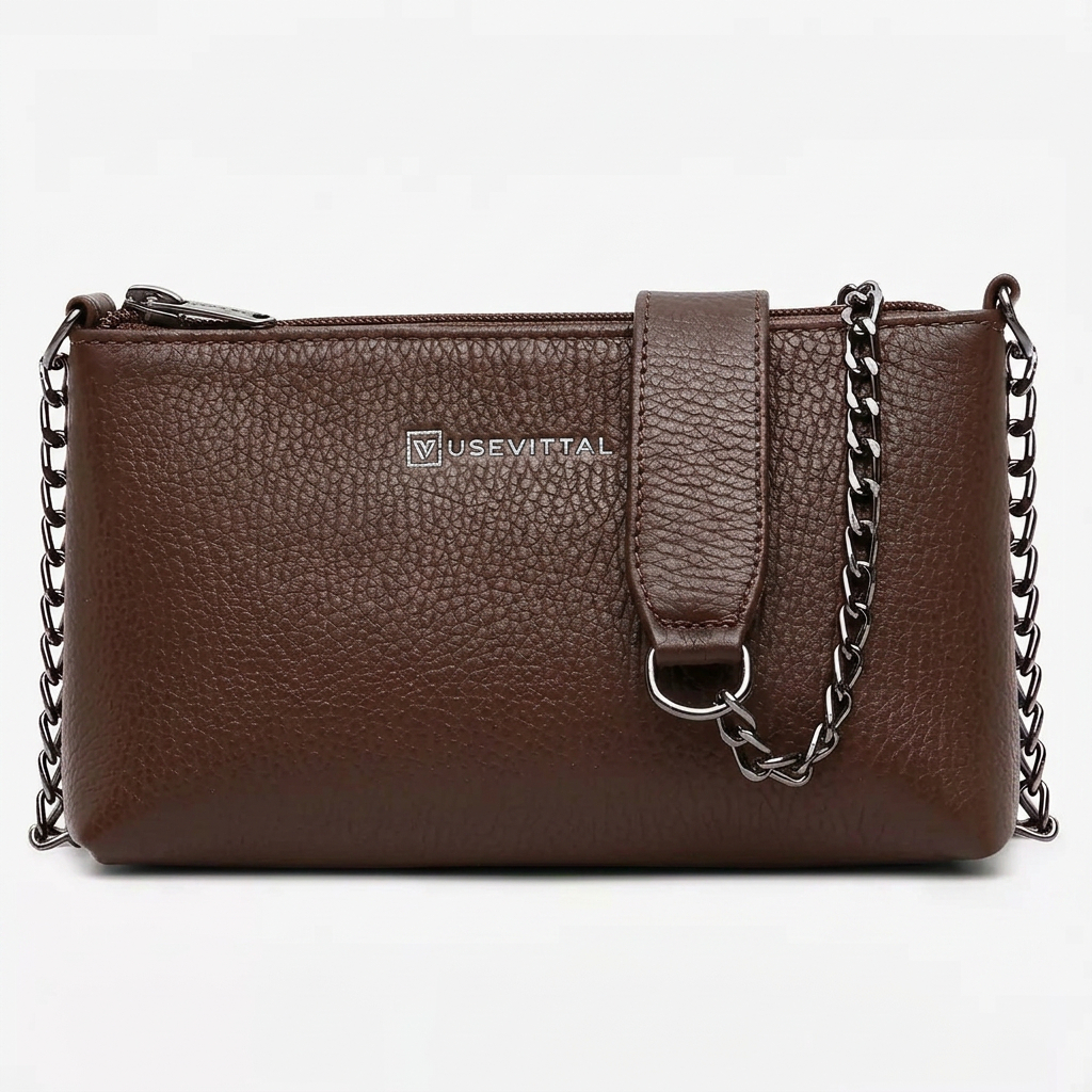 Bolsa Feminina Vittal Clutch Annelise em Couro Legitimo Preta Alça Corrente Marrom Café