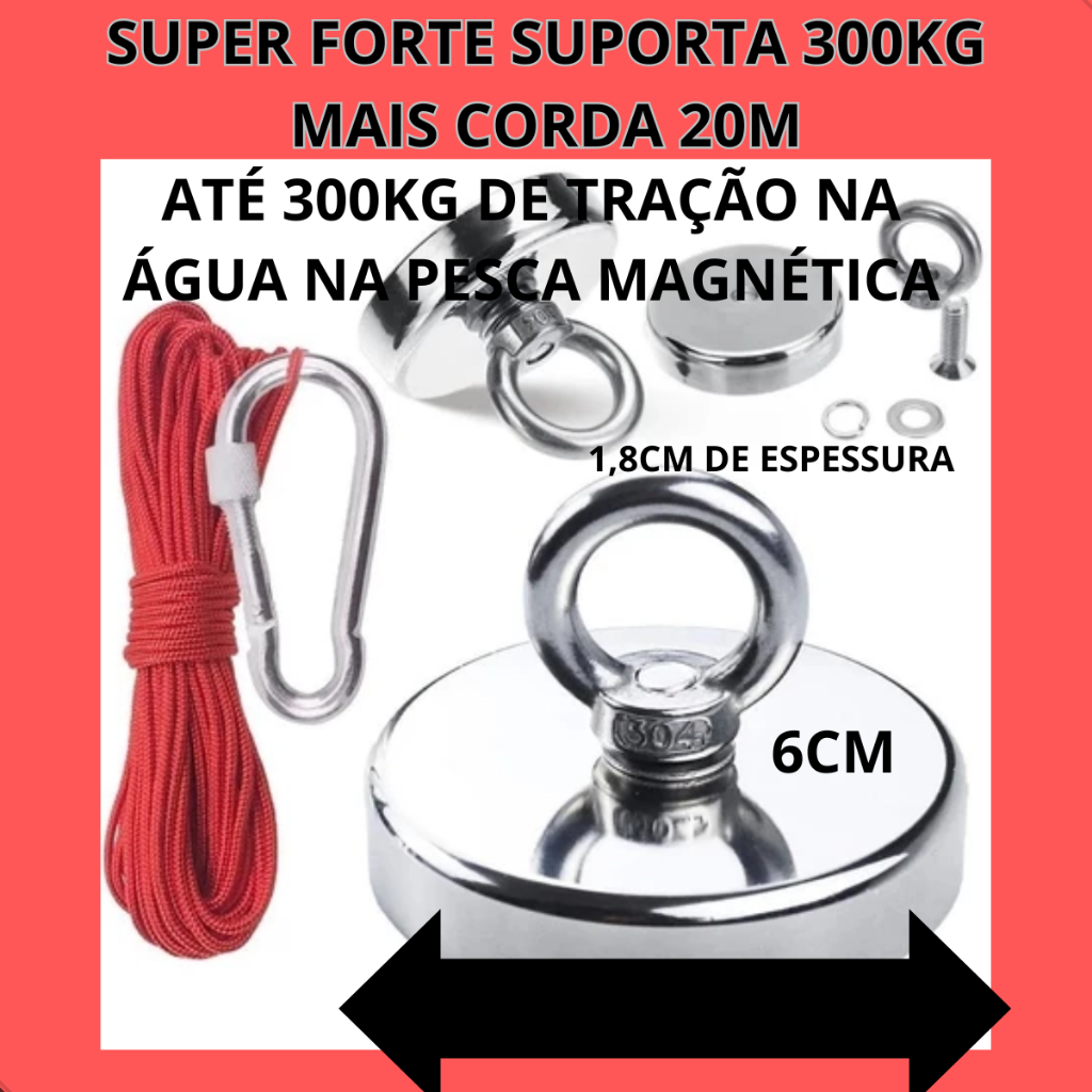 Imã De Neodímio Para Pesca Esportiva Magnética De 300Kg Tração Corda 20 metros resistência