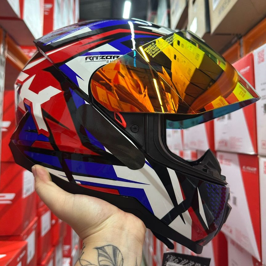CAPACETE NORISK RAZOR SHARP AZUL VERMELHO MASCULINO FEMININO + VISEIRA REVO VERMELHA E CRISTAL OFERTA