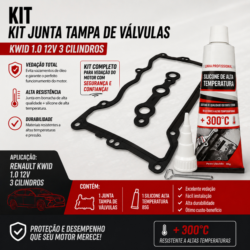 Kit Junta Tampa Válvulas Kwid 1.0 12v 3 Cilindros Borracha JL56226KBO + Silicone Alta Temperatura 85g Junta Líquida Moto